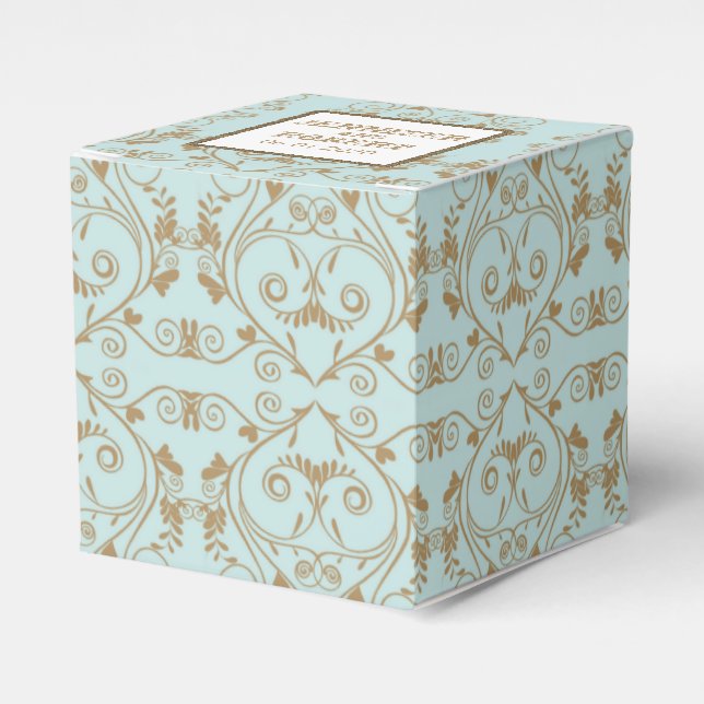 Robin Egg Blue and Gold Damask Wedding Favour Box (Front Side)