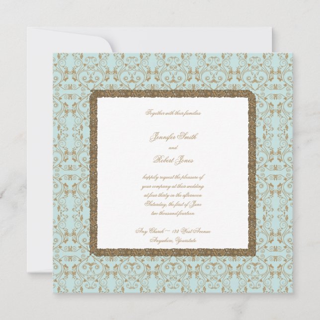 Robin Egg Blue and Gold Damask Wedding Invitations (Front)