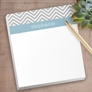 Robin Egg Blue and Grey Chevrons Custom Name Notepad