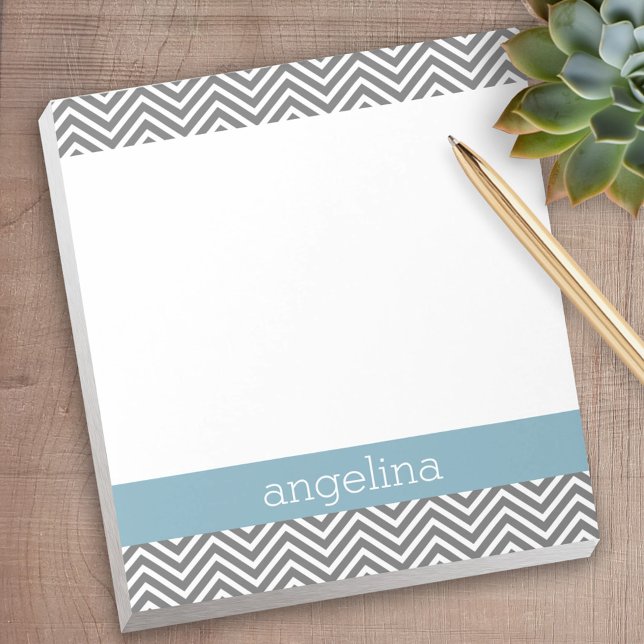 Robin Egg Blue and Grey Chevrons Custom Name Notepad (Personalized notepad - great for a gift or your home office)