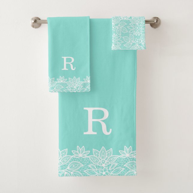 Robin Egg Blue and Lace Monogrammed Bath Towel Set (Insitu)