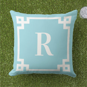 Robin Egg Blue and White Greek Key Border Monogram Cushion
