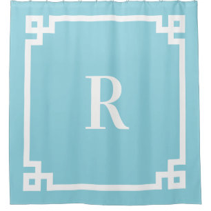 Robin Egg Blue and White Greek Key Simple Monogram Shower Curtain