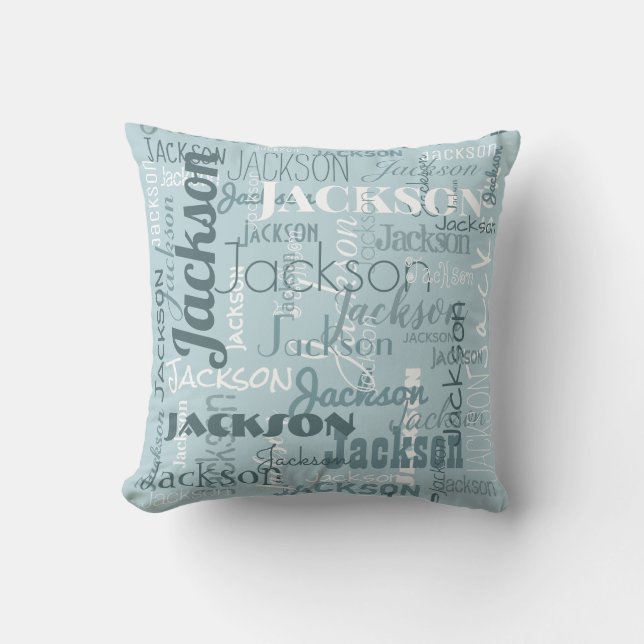 Robin Egg Blue Boy Baby's Names Modern Typography Cushion (Front)