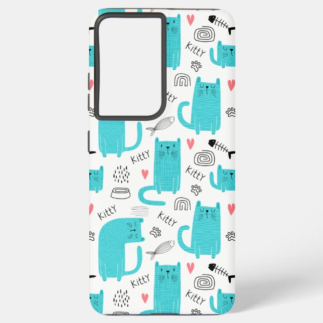 Robin Egg Blue Cute Cat Pattern Samsung Galaxy S21 Ultra Case (Back)