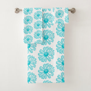 Robin Egg Blue Daisy Print, Hippie Flowers Pattern Bath Towel Set