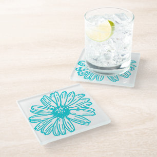 Robin Egg Blue Daisy Print, Hippie Flowers Pattern Glass Coaster