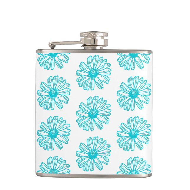Robin Egg Blue Daisy Print, Hippie Flowers Pattern Hip Flask (Front)