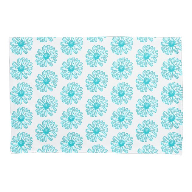 Robin Egg Blue Daisy Print, Hippie Flowers Pattern Pillowcase (Front)