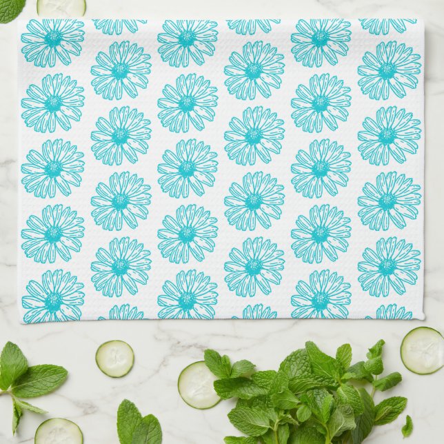 Robin Egg Blue Daisy Print, Hippie Flowers Pattern Tea Towel (Folded)