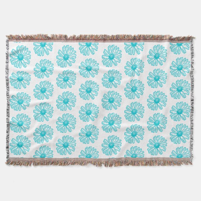 Robin Egg Blue Daisy Print, Hippie Flowers Pattern Throw Blanket (Front)
