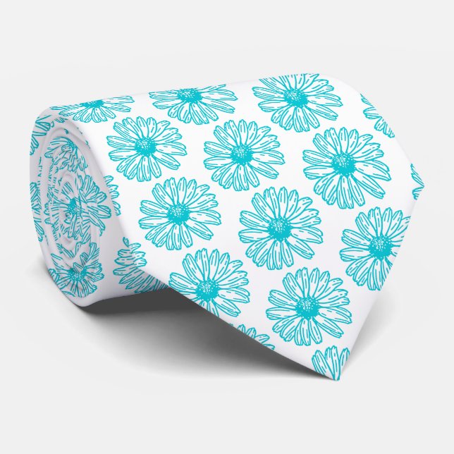 Robin Egg Blue Daisy Print, Hippie Flowers Pattern Tie (Rolled)