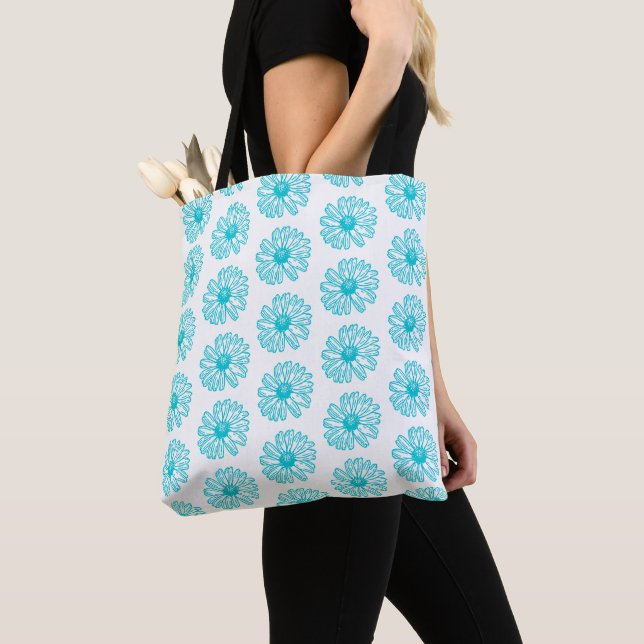 Robin Egg Blue Daisy Print, Hippie Flowers Pattern Tote Bag (Close Up)
