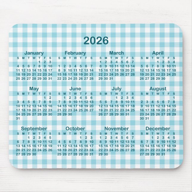 Robin Egg Blue Gingham Plaid 2026 Calendar Mouse Pad (Front)
