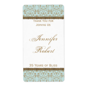 Robin Egg Blue Gold Damask Anniversary Wine Label
