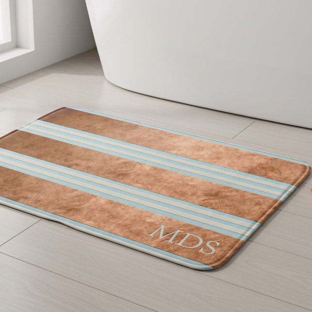Robin Egg Blue Monogram Copper Striped Bath Mat (Robin egg blue with faux metallic copper horizontal stripes and space for your initials (or remove))