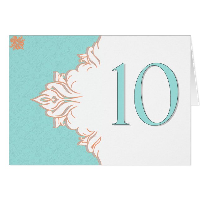 Robin Egg Blue Orange Damask Table Number card 10 (Front Horizontal)
