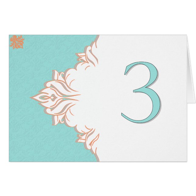 Robin Egg Blue Orange Damask Table Number card 3 (Front Horizontal)