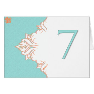 Robin Egg Blue Orange Damask Table Number card 7