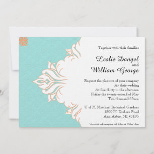 Robin Egg Blue Orange Damask Wedding Invitation
