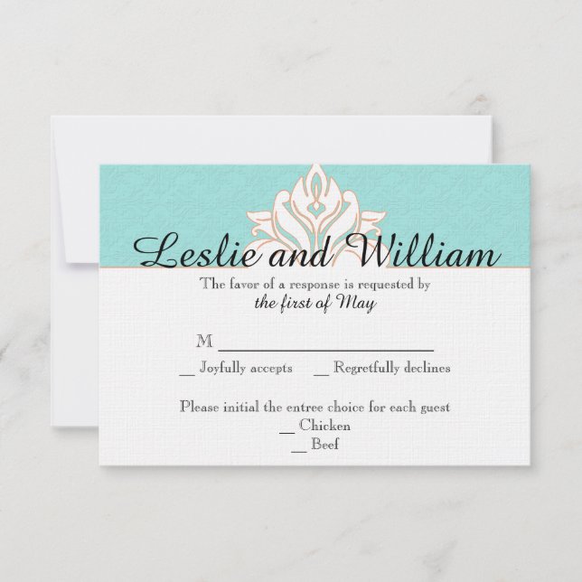 Robin Egg Blue Orange Damask Wedding Response Card (Front)