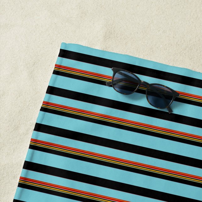 Robin Egg Blue Red Yellow Black Stripes Beach Towel (In Situ)