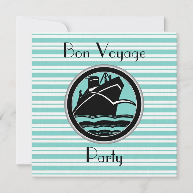 Robin Egg Blue Wht Stripe Black Ship Bon Voyage Invitation (Front)