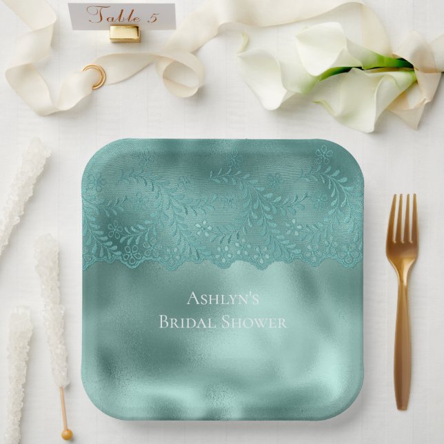Robin Egg Green Lace Bridal Shower Paper Plate (Wedding)