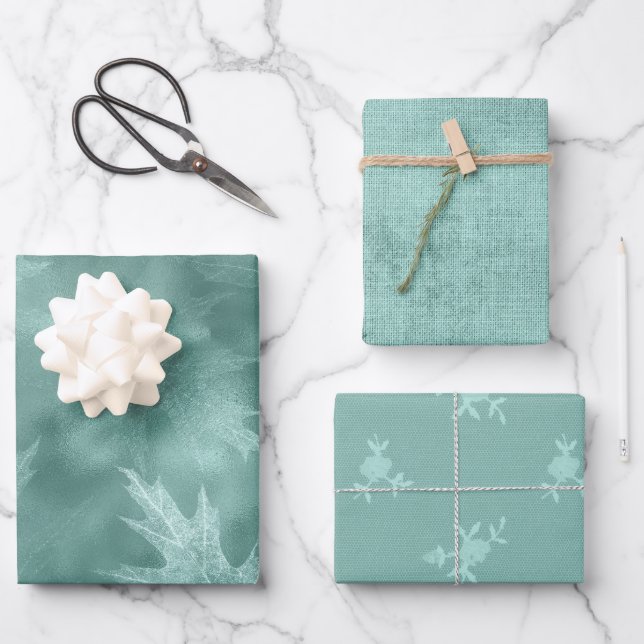 Robin Egg Green Leaf Linen (not actual linen) Wrapping Paper Sheet (Front)