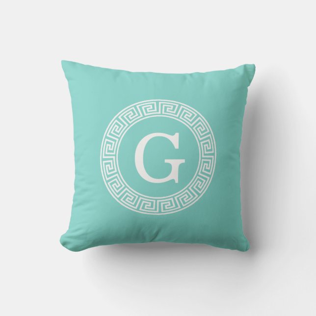 Robin Egg Wht Greek Key Rnd Frame Initial Monogram Cushion (Front)