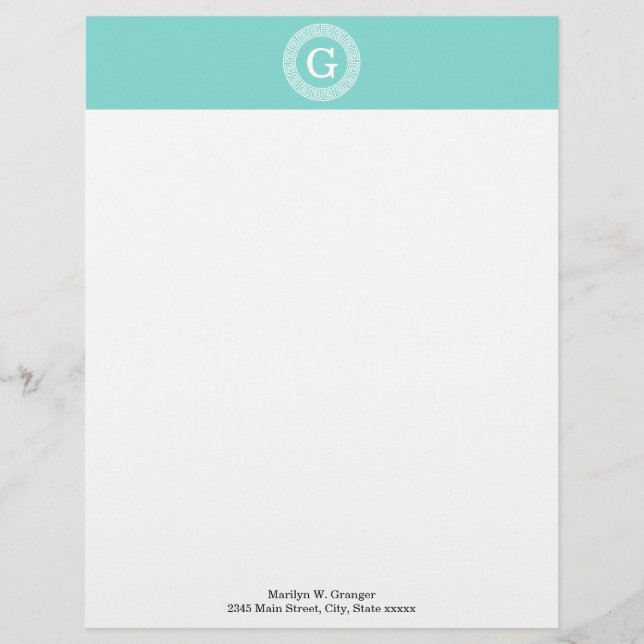 Robin Egg Wht Greek Key Rnd Frame Initial Monogram Customized Letterhead (Front)