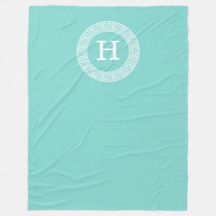 Robin Egg Wht Greek Key Rnd Frame Initial Monogram Fleece Blanket