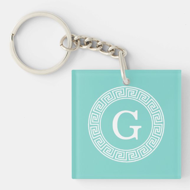 Robin Egg Wht Greek Key Rnd Frame Initial Monogram Key Ring (Front)