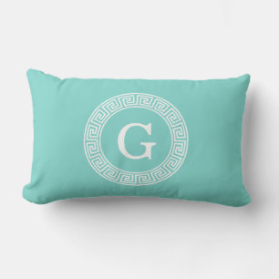 Robin Egg Wht Greek Key Rnd Frame Initial Monogram Lumbar Cushion