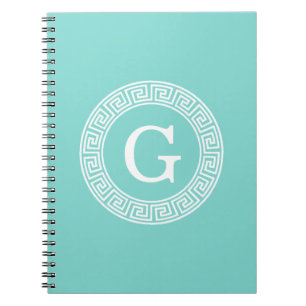 Robin Egg Wht Greek Key Rnd Frame Initial Monogram Notebook