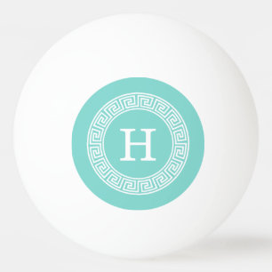 Robin Egg Wht Greek Key Rnd Frame Initial Monogram Ping Pong Ball
