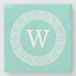 Robin Egg Wht Greek Key Rnd Frame Initial Monogram Stone Coaster