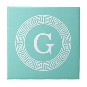 Robin Egg Wht Greek Key Rnd Frame Initial Monogram Tile