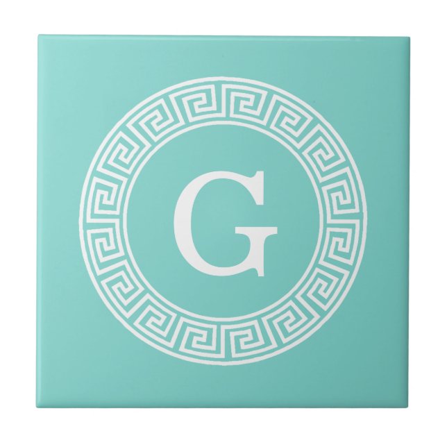 Robin Egg Wht Greek Key Rnd Frame Initial Monogram Tile (Front)