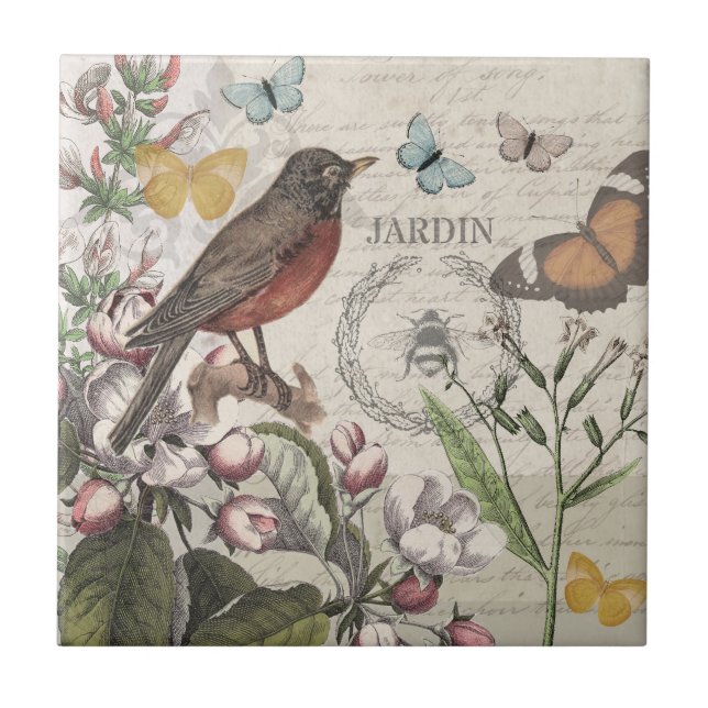 Robin Elegant Bird Butterfly French Art Ceramic Tile (Front)