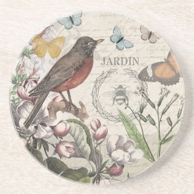 Robin Elegant Bird Butterfly French Art Coaster (Front)