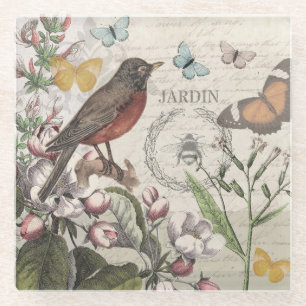 Robin Elegant Bird Butterfly French Art Glass Coaster