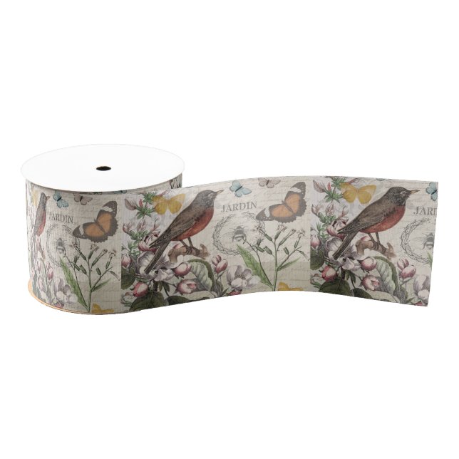 Robin Elegant Bird Butterfly French Art Grosgrain Ribbon (Spool)