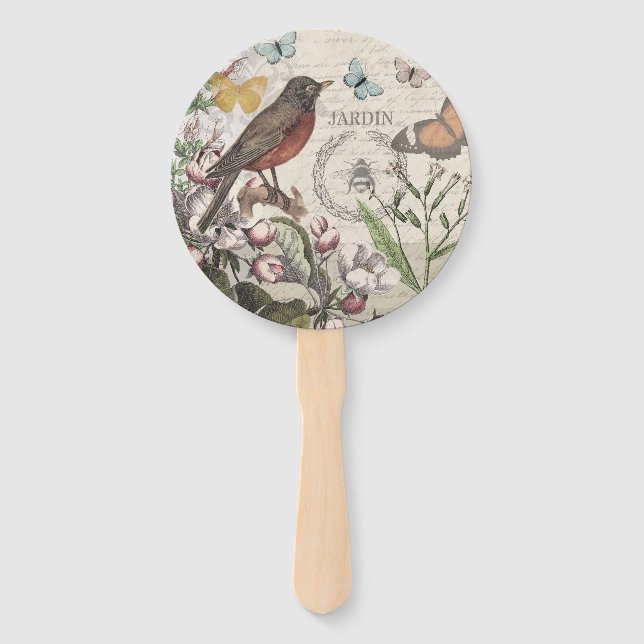 Robin Elegant Bird Butterfly French Art Hand Fan (Front)