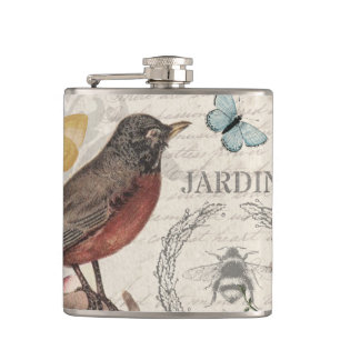Robin Elegant Bird Butterfly French Art Hip Flask