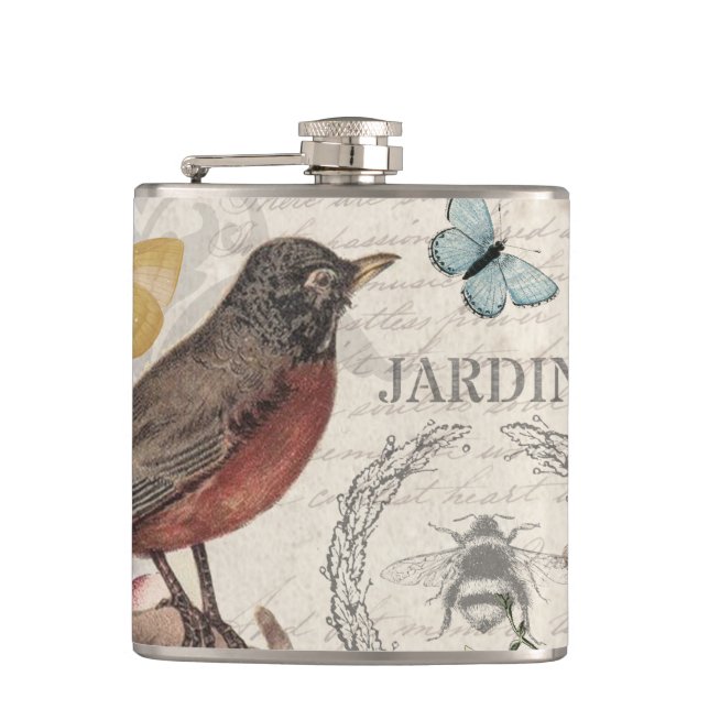 Robin Elegant Bird Butterfly French Art Hip Flask (Front)