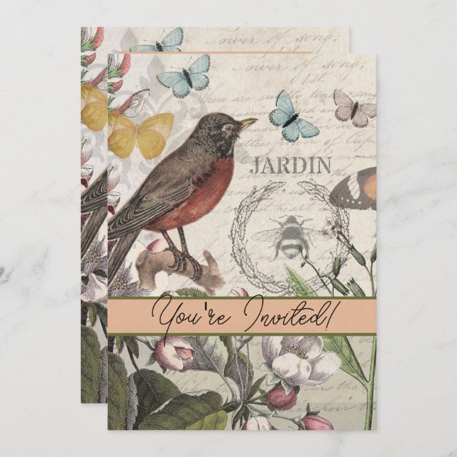 Robin Elegant Bird Butterfly French Art Invitation (Front/Back)