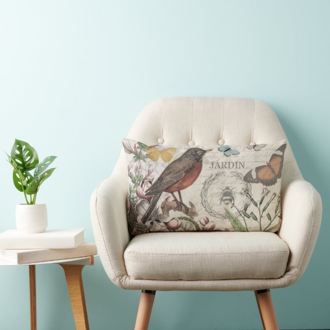 Robin Elegant Bird Butterfly French Art Lumbar Cushion (Chair)