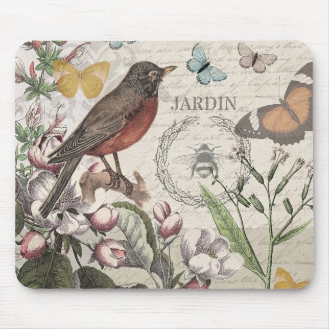 Robin Elegant Bird Butterfly French Art Mouse Pad (Front)