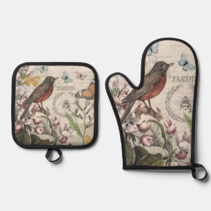 Robin Elegant Bird Butterfly French Art Oven Mitt & Pot Holder Set